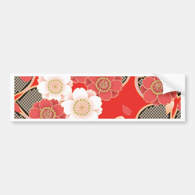 Red & White Sakura Japanese Kimono Bumper Sticker (Front)