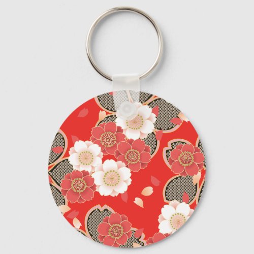 Red  White Sakura Japanese Kimono Keychain