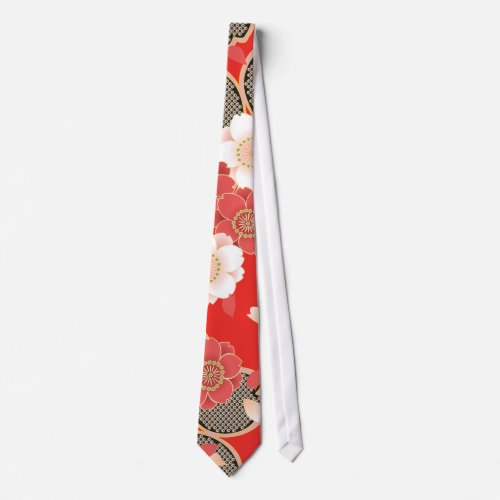 Red  White Sakura Japanese Kimono Neck Tie
