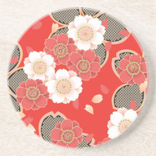 Red & White Sakura Japanese Kimono Sandstone Coaster