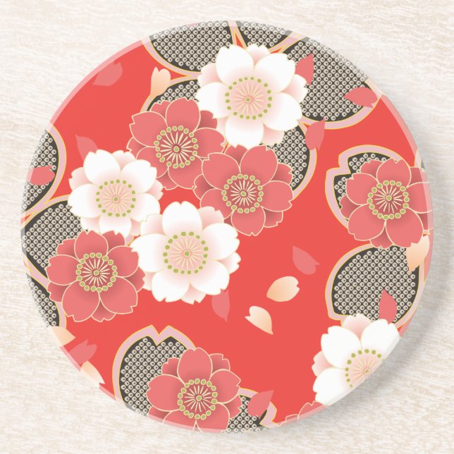 Red & White Sakura Japanese Kimono Sandstone Coaster (Front)