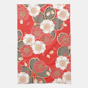 Red & White Sakura Japanese Kimono Towel