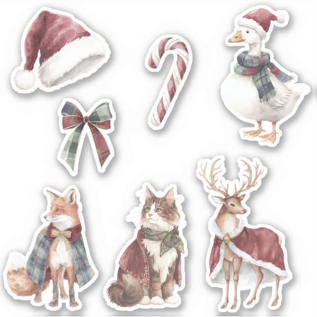 Red White Santa Hat Candy Cane Animals Christmas Sticker (Front)