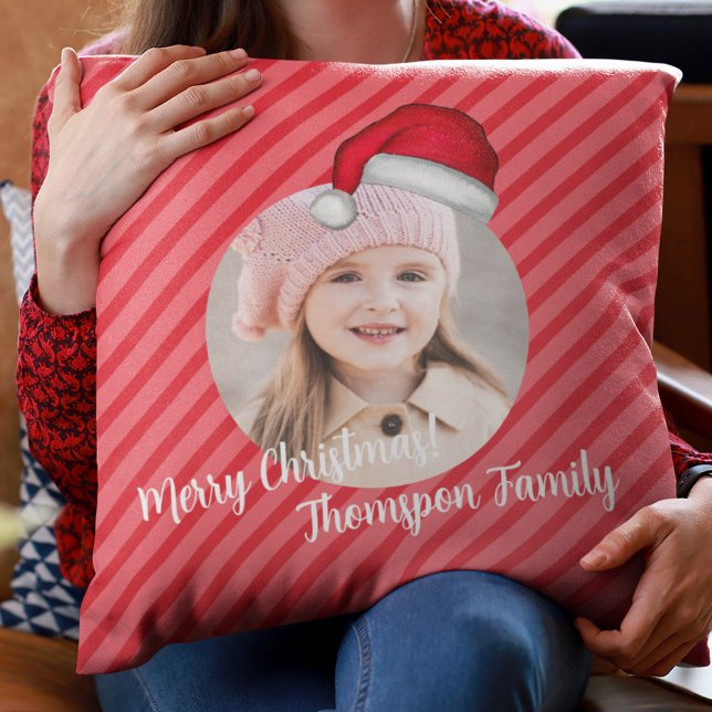 Red White Santa Hat Christmas Photo Custom Throw Pillow (Cute Merry Christmas Santa Hat Photo Pillow)
