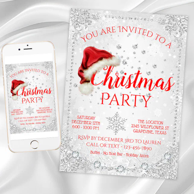 Red White Santa Hat Snowflake Christmas Party Invitation | Zazzle