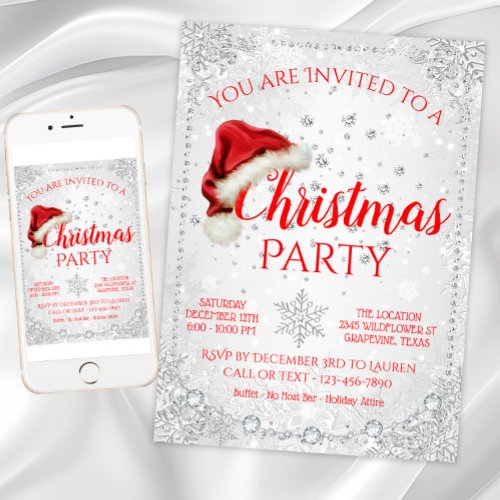 Red White Santa Hat Snowflake Christmas Party Invitation