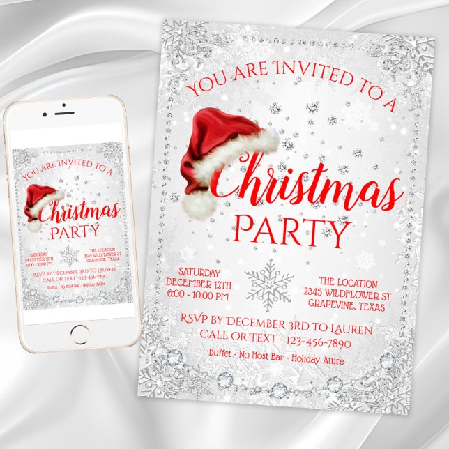 Red White Santa Hat Snowflake Christmas Party Invitation (Snowflake Christmas party invitation with Santa hat. Digital download and printed invitations.)