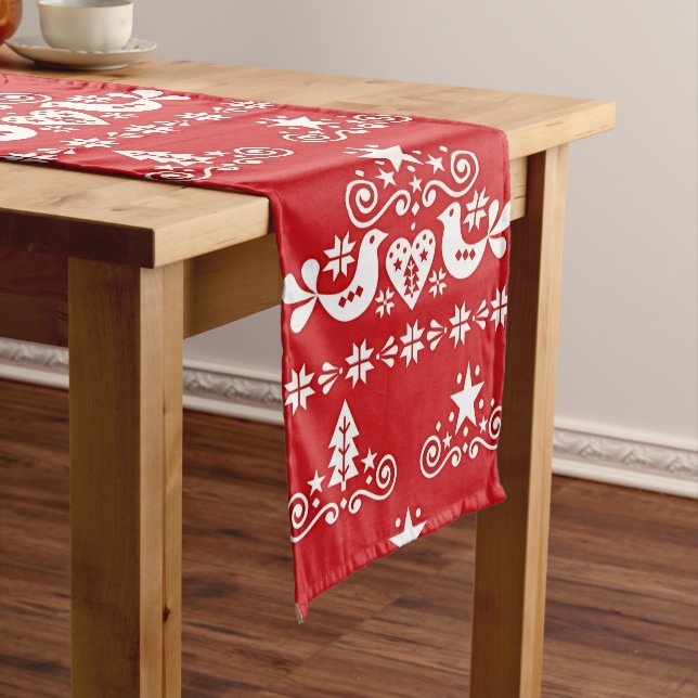 Red & White Scandinavian Christmas Tree Folk Art Medium Table Runner (In Situ)