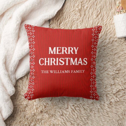 Red White Scandinavian Knitted Merry Christmas Throw Pillow