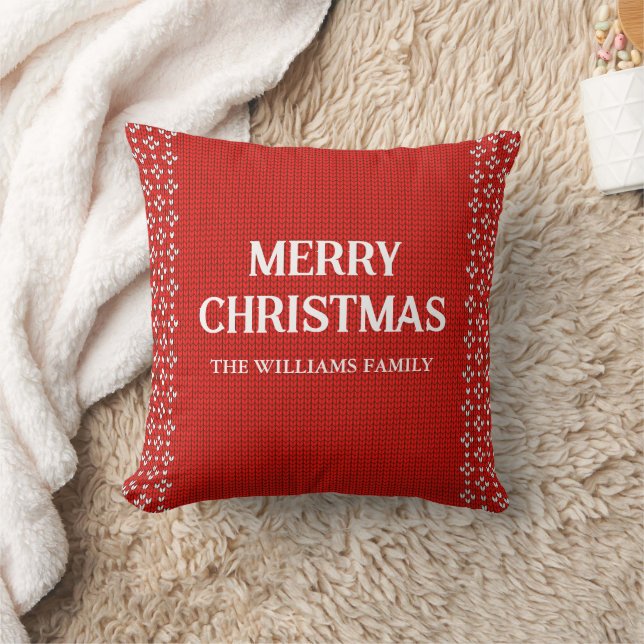 Red White Scandinavian Knitted Merry Christmas Throw Pillow (Blanket)