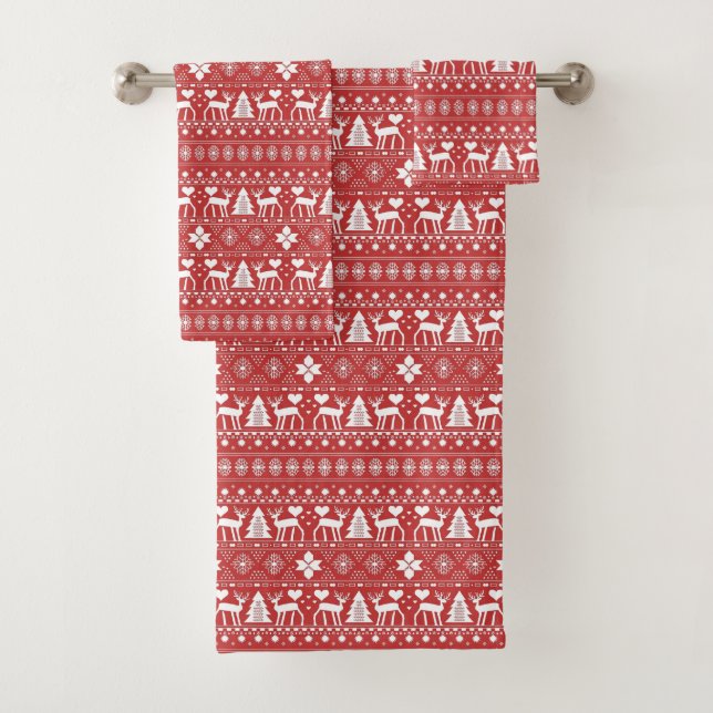 Red & White Scandinavian Nordic Festive Christmas Bath Towel Set (Insitu)