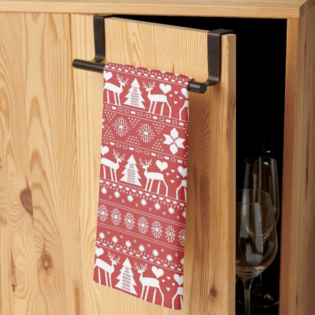 Red & White Scandinavian Nordic Winter Christmas Kitchen Towel (Thirds Fold)