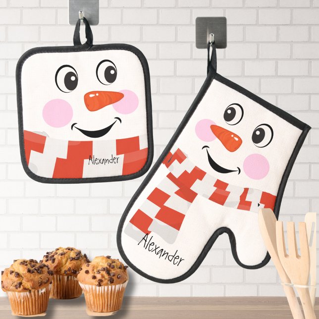 Red White Scarf Christmas Snowman Funny Face Smile Oven Mitt & Pot Holder Set (Creator Uploaded)