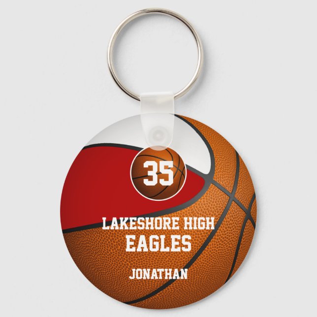 Red white school colors boys' basketball team keychain (Front)