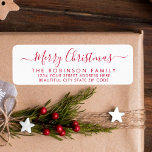 Red White Script Christmas Return Address Label<br><div class="desc">Modern Elegant Red and White Hand Lettered Christmas Family Return Address Labels. Featuring a pretty hand-written calligraphy swash-tail font script with saying "Merry Christmas". Great for Christmas holiday season,  easy to personalize them with your names and return address info.</div>