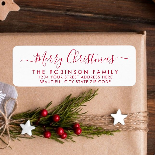 Red White Script Christmas Return Address Label (Creator Uploaded)