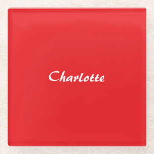 Red White Script Elegant Minimalist Modern Name Glass Coaster
