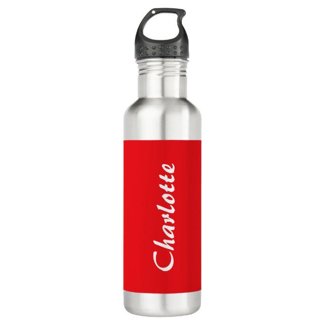Red White Script Elegant Minimalist Modern Name Stainless Steel Water Bottle (Front)