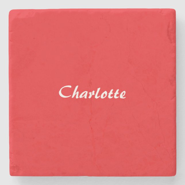 Red White Script Elegant Minimalist Modern Name Stone Coaster (Front)