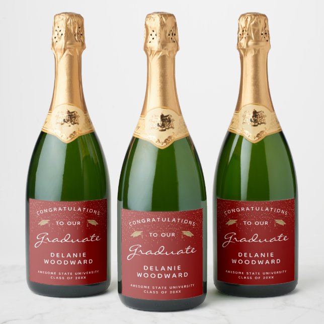 Red White Script Gold Cap Graduation Sparkling Wine Label (Bottles)