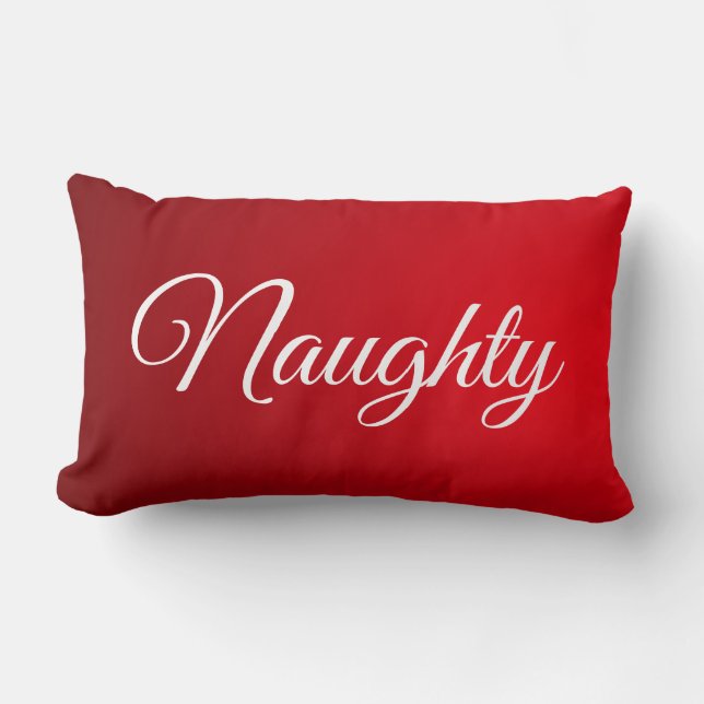 Red White Script Lettering Naughty or Nice Lumbar Pillow (Front)