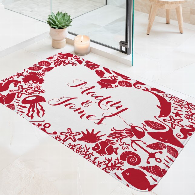 Red & White Sea Creatures Couples Heart Monogram Bath Mat (Creator Uploaded)
