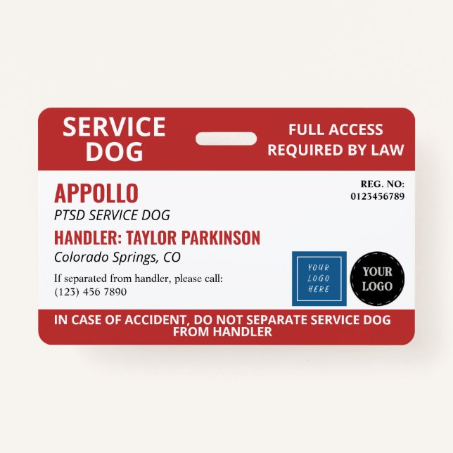 Red White Service Dog 2 Logos No Photo ID Badge (Front)