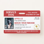 Red White Service Dog Logo & Photo ID Badge<br><div class="desc">Horizontal service dog ID badge in red and white with room for a photo of the service dog and a logo. Add name,  title,  and registration number. Add the handler's name and contact information too.</div>