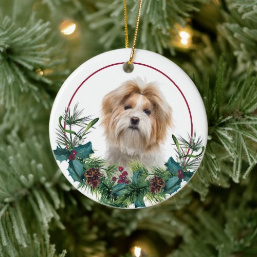 Red White Shih Tzu Dog Evergreen Wreath Ceramic Ornament