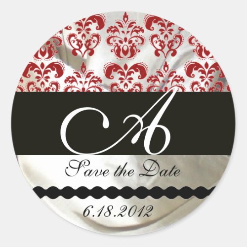 RED  WHITE SILK DAMASK CLOTH MONOGRAM CLASSIC ROUND STICKER