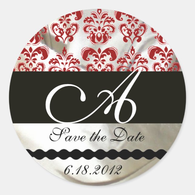 RED & WHITE SILK DAMASK CLOTH MONOGRAM CLASSIC ROUND STICKER (Front)
