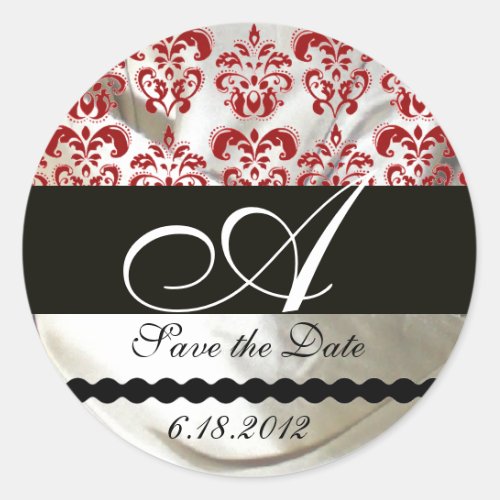 RED  WHITE SILK DAMASK CLOTH MONOGRAM CLASSIC ROUND STICKER