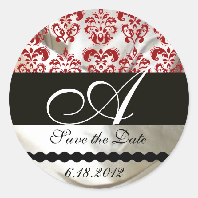 RED & WHITE SILK DAMASK CLOTH MONOGRAM CLASSIC ROUND STICKER (Front)