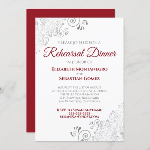 Red  White Silver Curls Wedding Rehearsal Dinner Invitation