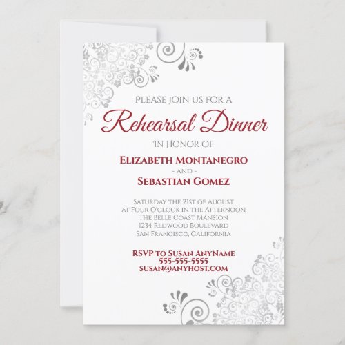 Red  White Silver Curls Wedding Rehearsal Dinner Invitation