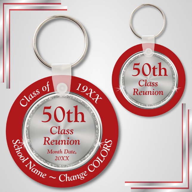 Red, White, Silver Custom, Class Reunion Souvenirs Keychain (50th Class Reunion Party Favors. Red, White and Silver, High School Reunion Ideas. 50th Reunion. )