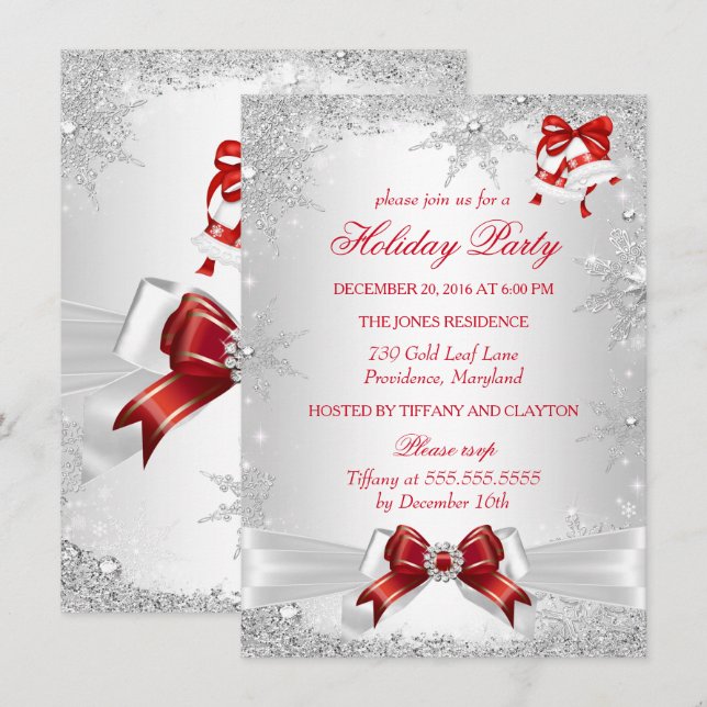 Red White Silver Winter Wonderland Holiday Party Invitation (Front/Back)