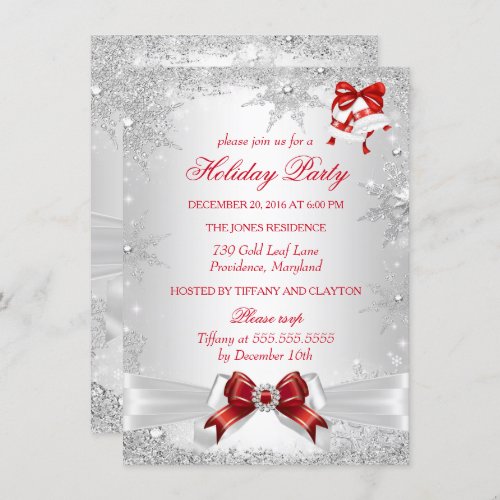 Red White Silver Winter Wonderland Holiday Party Invitation