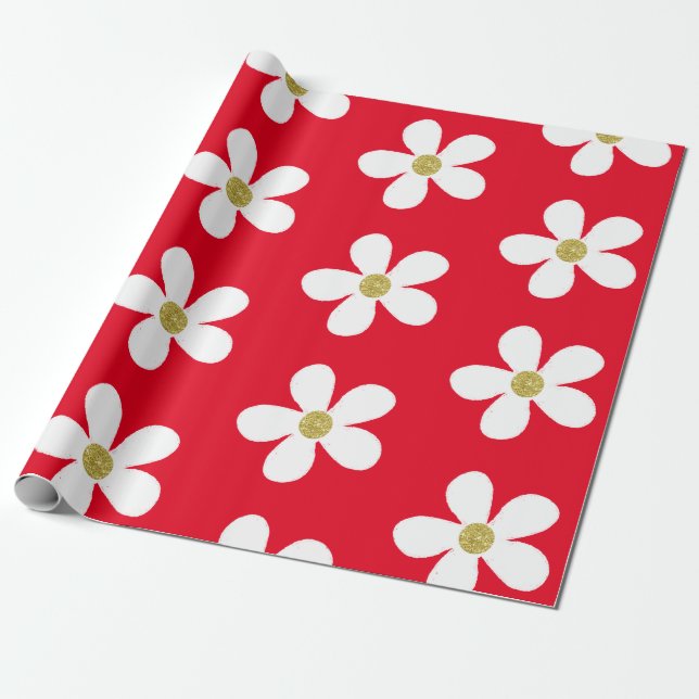 Red White Simple Daisy Gold Wrapping Paper (Unrolled)