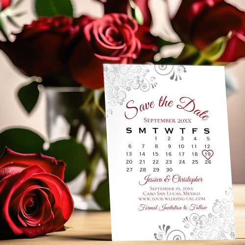 Red  White Simple Elegant Wedding Calendar Save The Date