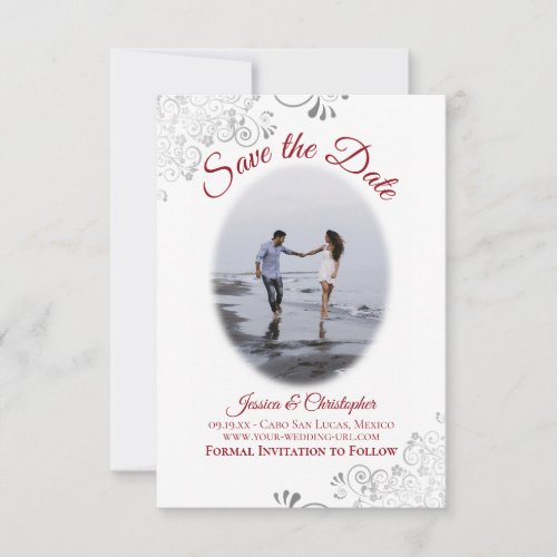 Red  White Simple Elegant Wedding Oval Photo Save The Date