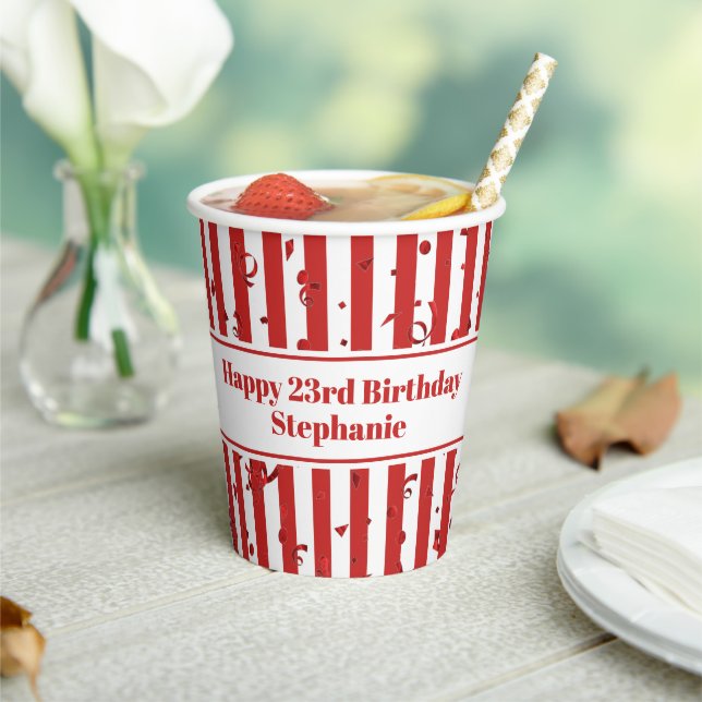 Red/White Simple Stripes Pattern Happy Birthday Paper Cups (Insitu)
