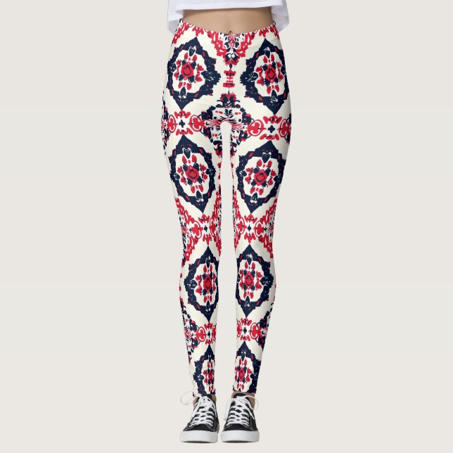Red White Slavic Pattern Leggings (Front)