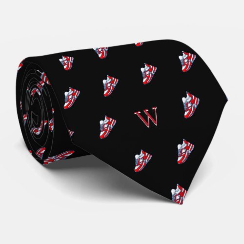 Red White Sneaker Collector Monogram Initial Black Neck Tie