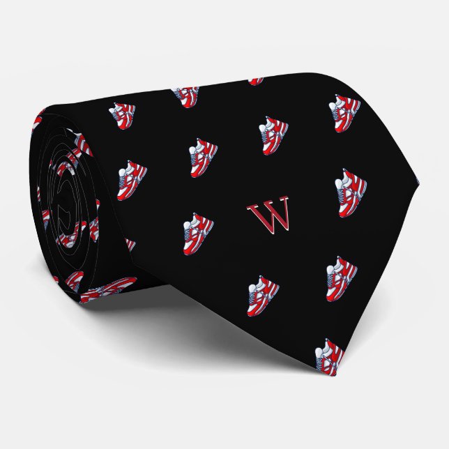 Red White Sneaker Collector Monogram Initial Black Neck Tie (Rolled)