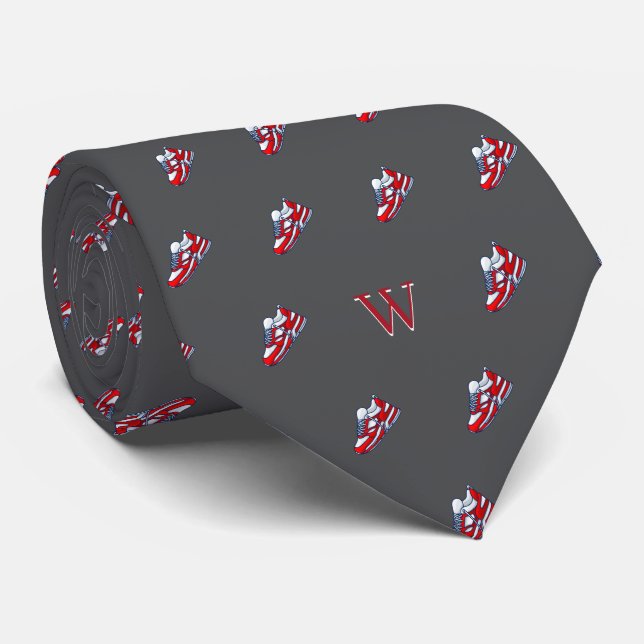 Red White Sneaker Collector Monogram Initial Gray Neck Tie (Rolled)