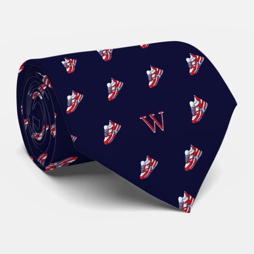 Red White Sneakers Monogram Initial Midnight Blue Neck Tie