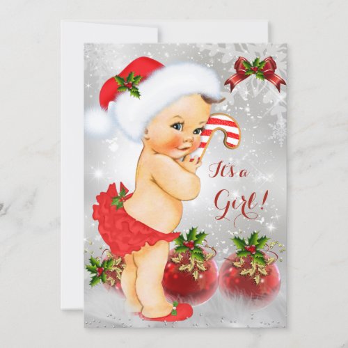 Red White Snow Green Christmas Baby Shower Girl Invitation