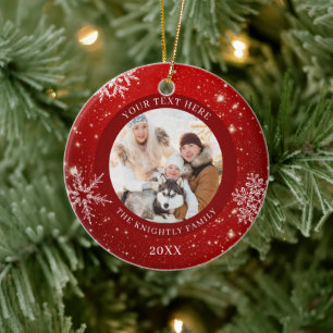 Red White Snowflake 2 Photos Name Ceramic Ornament