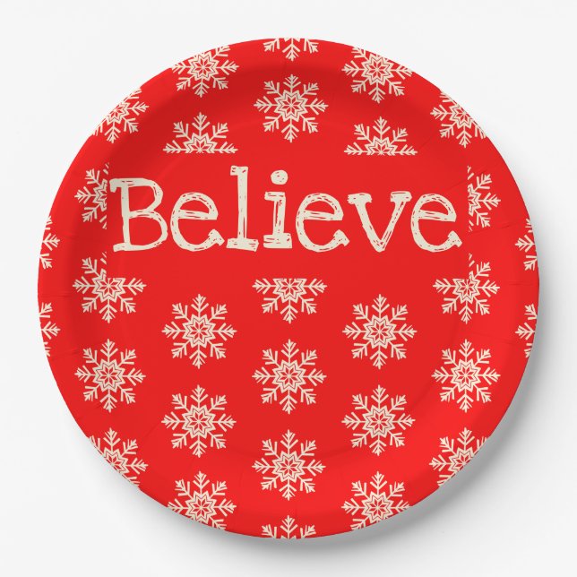 Red White Snowflake Believe Christmas Paper Plates (Front)